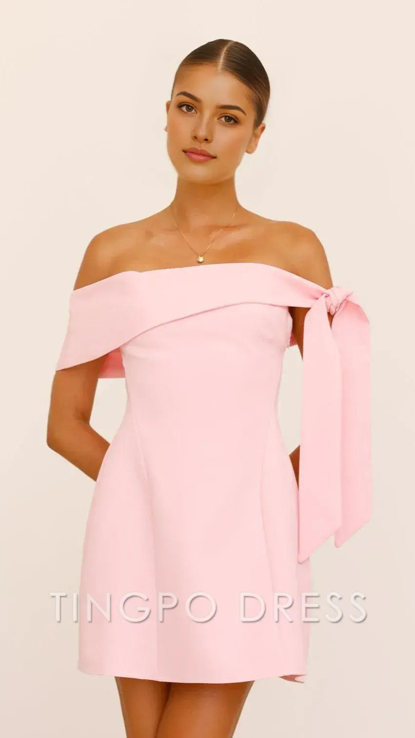 TingPo Wholesale Elegant Pink Off - Shoulder Dress with Bow: Prom & Event Showstopper